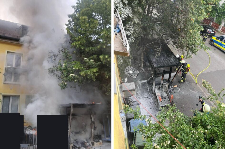 Zwei Fotos des brennen Außen-Umsonstladens, links ist viel Rauch mit auf dem Bild, rechts die Feuerwehr